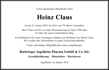 Traueranzeige von Heinz Claus von trauer.rmp.de