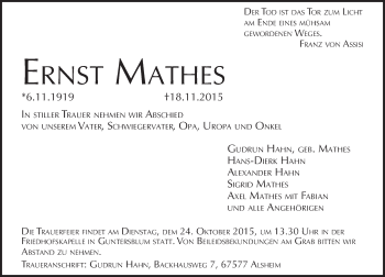Traueranzeige von Ernst Mathes von  Landskrone