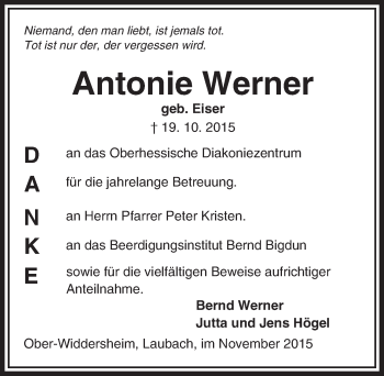 Traueranzeige von Antonie Werner von  Sonntags Anzeiger