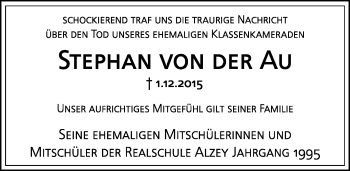 Traueranzeige von Stephan von der Au von  Allgemeine Zeitung Alzey
