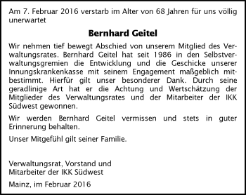 Traueranzeige von Bernhard Geitel von trauer.rmp.de