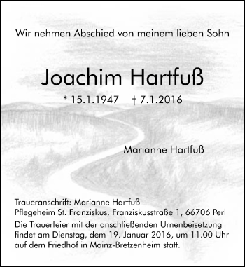Traueranzeige von Joachim Hartfuß von  Allgemeine Zeitung Mainz