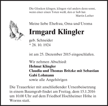 Traueranzeige von Irmgard Klingler von  Wormser Zeitung
