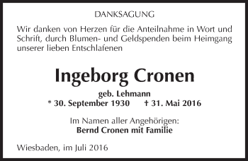 Traueranzeige von Ingeborg Cronen von Trauerportal Rhein Main Presse