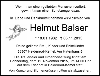 Traueranzeige von Helmut Balser von  WK-UTA/Aar-Bote