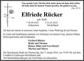 Traueranzeige von Elfriede Rücker von  WK-UTA/Aar-Bote