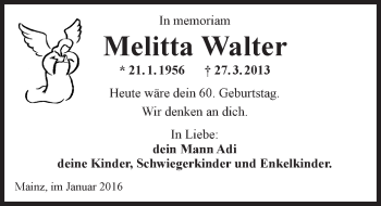 Traueranzeige von Melitta Walter von  Allgemeine Zeitung Mainz