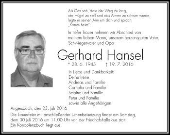 Traueranzeige von Gerhard Hansel von VRM Trauer