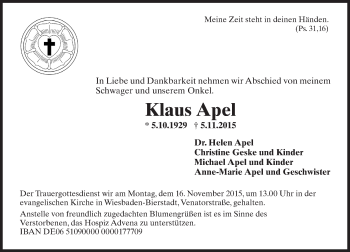 Traueranzeige von Klaus Apel von  Wiesbaden komplett