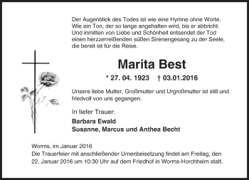 Traueranzeige von Marita Best von  Wormser Zeitung