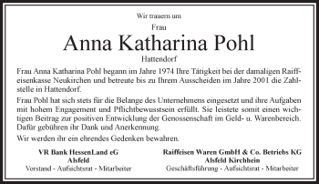 Traueranzeige von Anna Katharina Pohl von VRM Trauer