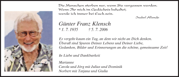 Traueranzeige von Günter Franz Klensch von Trauerportal Rhein Main Presse