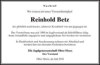 Traueranzeige von Reinhold Betz von VRM Trauer
