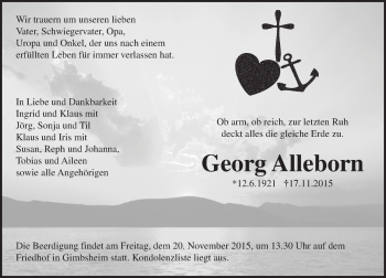 Traueranzeige von Georg Alleborn von  Wormser Zeitung