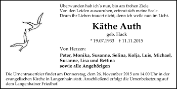 Traueranzeige von Käthe Auth von  Hofheimer Zeitung