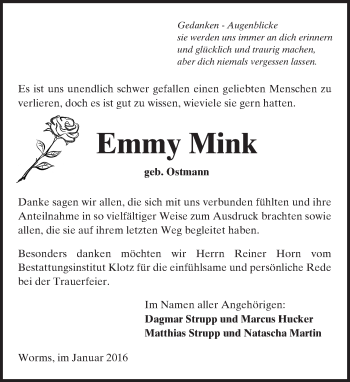 Traueranzeige von Emmy Mink von  Wormser Zeitung