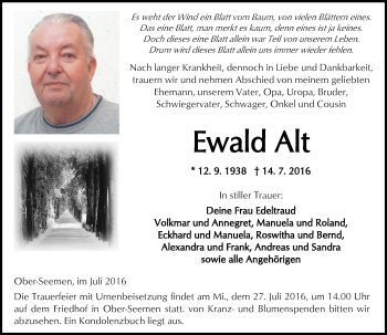 Traueranzeige von Ewald Alt von  Kreisanzeiger