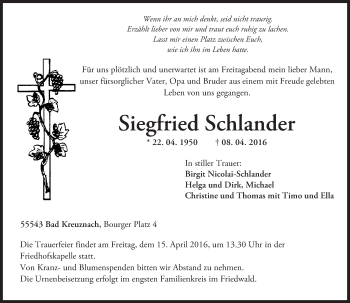 Traueranzeige von Siegfried Schlander von  Allg. Zeitung Bad Kreuznach
