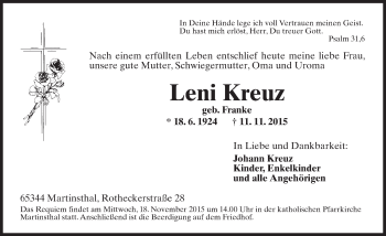 Traueranzeige von Leni Kreuz von  Rheingau