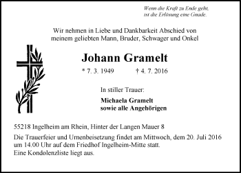 Traueranzeige von Johann Gramelt von Trauerportal Rhein Main Presse