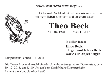 Traueranzeige von Theo Beck von  Bürstädter Zeitung