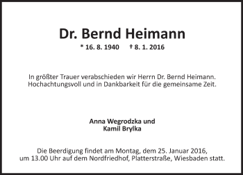 Traueranzeige von Bernd Heimann von  Wiesbaden komplett