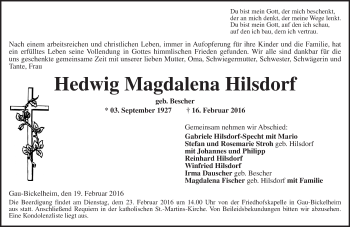 Traueranzeige von Hedwig Magdalena Hilsdorf von  Allgemeine  Zeitung Ingelheim-Bingen