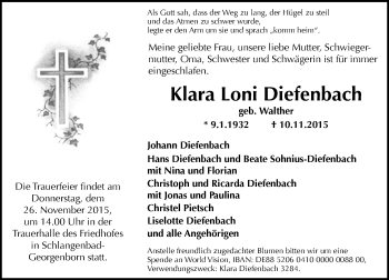 Traueranzeige von Klara Loni Diefenbach von  Wiesbaden komplett