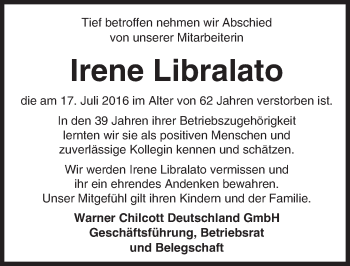 Traueranzeige von Irene Libralato von Trauerportal Echo Online