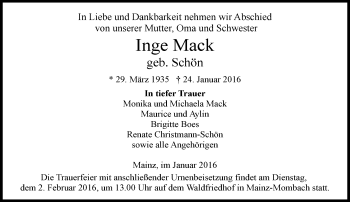 Traueranzeige von Inge Mack von  Allgemeine Zeitung Mainz