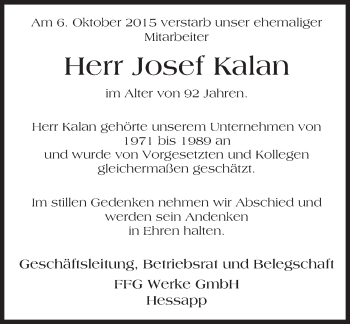 Traueranzeige von Josef Kalan von  WK-UTA/Aar-Bote