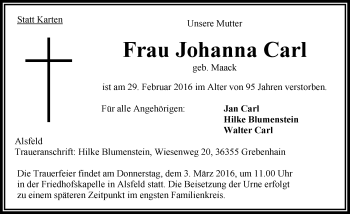 Traueranzeige von Johanna Carl von VRM Trauer