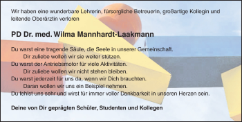Traueranzeige von Wilma Mannhardt-Laakmann von  Allgemeine Zeitung Mainz
