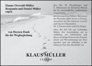 Traueranzeige von Klaus Müller von  Wormser Zeitung