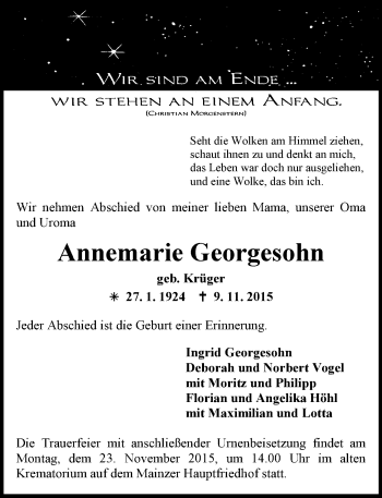 Traueranzeige von Annemarie Georgesohn von  Allgemeine Zeitung Mainz