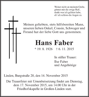 Traueranzeige von Hans Faber von  Gießener Anzeiger