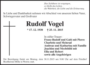 Traueranzeige von Rudolf Vogel von  Wormser Zeitung