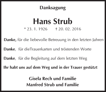 Traueranzeige von Hans Strub von  Landskrone