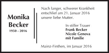 Traueranzeige von Monika Becker von  Allgemeine Zeitung Mainz