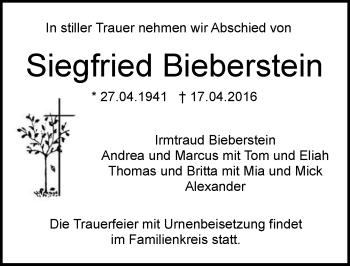 Traueranzeige von Siegfried Bieberstein von  WK-UTA/Aar-Bote