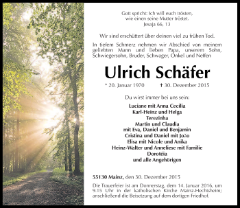 Traueranzeige von Ulrich Schäfer von  Allgemeine Zeitung Mainz