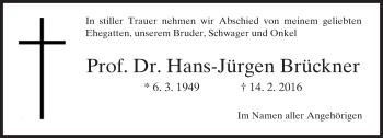 Traueranzeige von Hans-Jürgen Brückner von  Kreisanzeiger