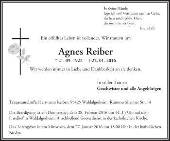 Traueranzeige von Agnes Reiber von  Allgemeine  Zeitung Ingelheim-Bingen