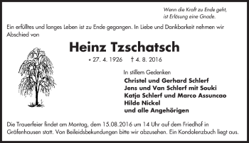 Traueranzeige von Heinz Tzschatsch von Trauerportal Echo Online