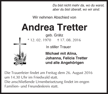 Traueranzeige von Andrea Tretter von Trauerportal Echo Online