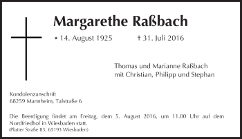 Traueranzeige von Margarethe Raßbach von Trauerportal Rhein Main Presse