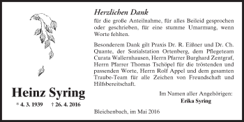 Traueranzeige von Heinz Syring von  Kreisanzeiger