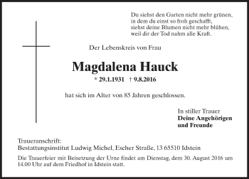 Traueranzeige von Magdalena Hauck von Trauerportal Rhein Main Presse