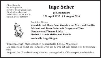 Traueranzeige von Inge Seher von Trauerportal Rhein Main Presse