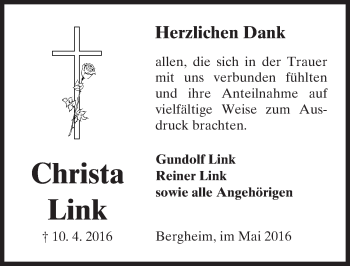 Traueranzeige von Christa Link von  Kreisanzeiger